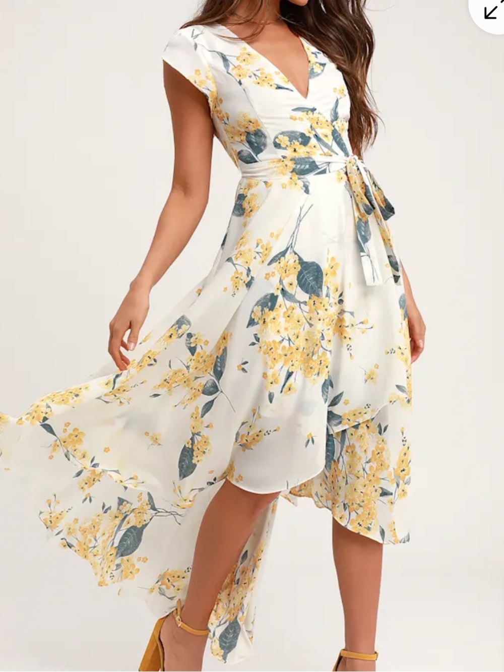 Lulus French Countryside White and Yellow Floral Print High-Low Dress Size XL